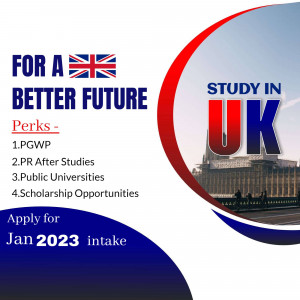 Study in UK advertisement with UK flag and university buildings