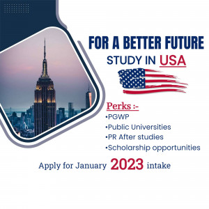 Image promoting study opportunities in the USA with the Empire State Building and American flag.