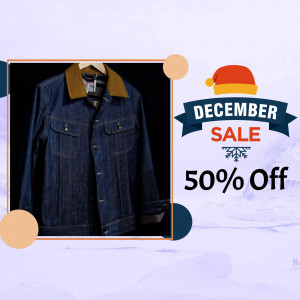 Denim jacket with corduroy collar on a hanger with a December sale promotion.