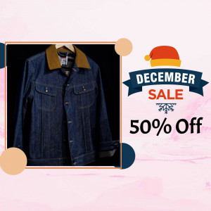 Denim jacket on a hanger with a December sale promotion