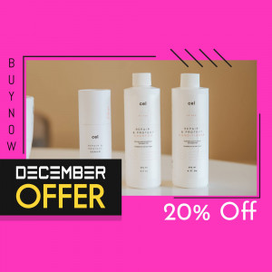 Three bottles of Cel haircare products with a promotional offer.