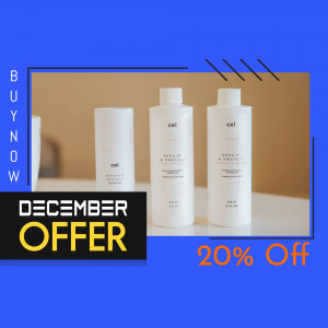 Three bottles of Cel haircare products with a promotional offer.