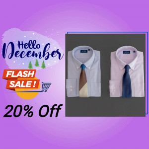 Image of two men's dress shirts with ties, advertising a December flash sale with 20% off.