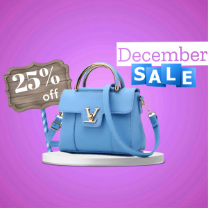 Louis Vuitton handbag on display with a 25% off sale promotion.