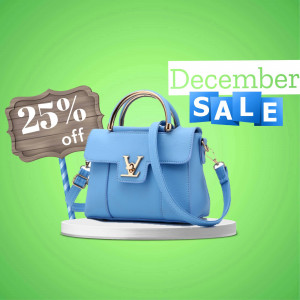 Blue luxury handbag with 25% off sale promotion