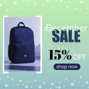 Backpack on display with December sale promotion