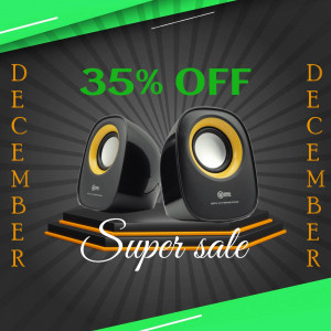 Black speakers with a 35% off December sale promotion