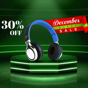 Headphones on display with a 30% off December Super Sale banner