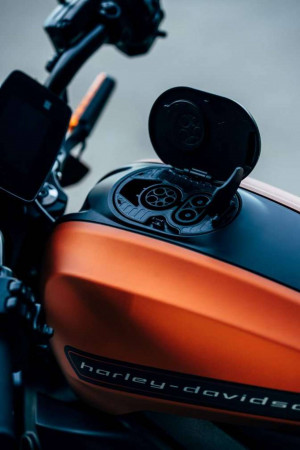 Close-up of the charging port on a Harley-Davidson LiveWire electric motorcycle