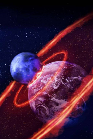 A dramatic depiction of planets colliding in space with fiery energy trails.