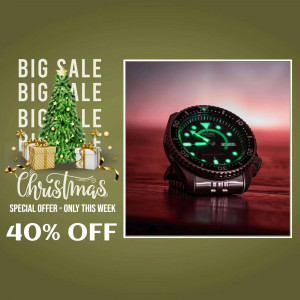 Luxury watch with Christmas decorations and a 40% off sale offer.