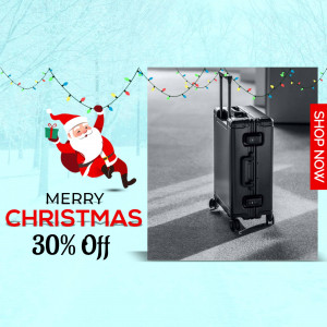 Santa Claus with a suitcase and a Christmas sale promotion