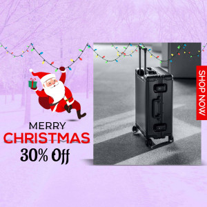 Black suitcase with a Christmas themed background and sale promotion.
