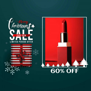 Christmas sale advertisement featuring a red lipstick and gift box with a 60% discount offer.