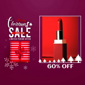 Christmas sale promotion featuring a red lipstick and gift box