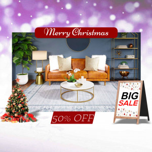Living room decorated for Christmas with a sale promotion