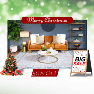 Festive living room scene with Christmas decorations and a sale promotion.