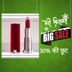 Red lipstick product shot with Christmas sale banner