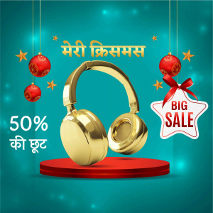 Golden headphones with Christmas decorations and a sale offer.