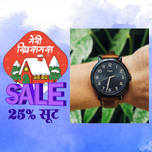 A wrist wearing a Timex watch with a holiday sale advertisement in the background.