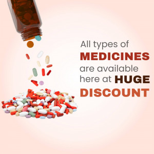 Various pills and capsules pouring from a bottle with text advertising a discount on medicines.