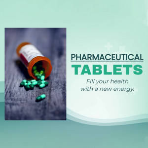 Close-up of green tablets spilling from an orange pill bottle with text 'Pharmaceutical Tablets'