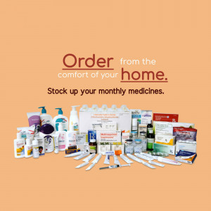 Various medicines and healthcare products displayed with text promoting online ordering.