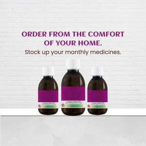 Three bottles of medicine displayed on a shelf with text promoting online ordering.