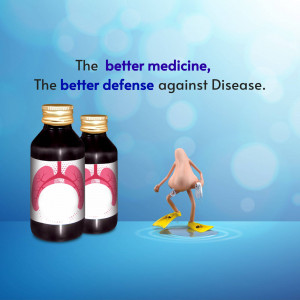 Image depicting medicine bottles with lungs inside and a cartoon figure swimming, promoting health and defense against disease.