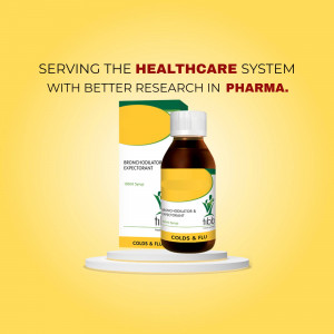 Image of a medicine bottle with text 'Serving the Healthcare System with Better Research in Pharma'