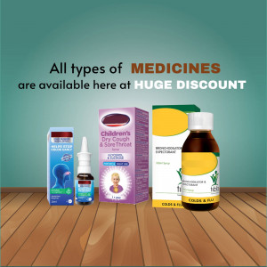 Various medicines displayed with a discount offer