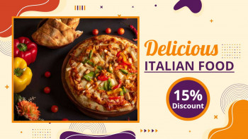 Close-up of a delicious Italian pizza with fresh ingredients and a 15% discount offer.