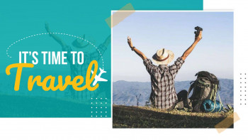 Man with backpack raising arms on a mountain top