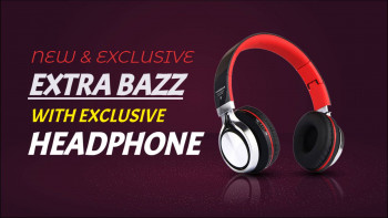 Red and black over-ear headphones with text 'New & Exclusive Extra Bazz with Exclusive Headphone'