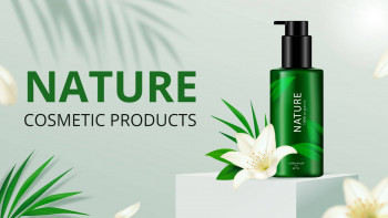 Green cosmetic bottle with white lily and tropical leaves