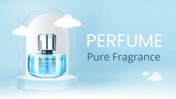 A bottle of blue perfume on a white pedestal with clouds and the text 'PERFUME Pure Fragrance'