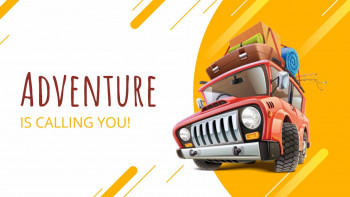 Cartoon illustration of a red car packed with luggage with the text 'Adventure is Calling You!'