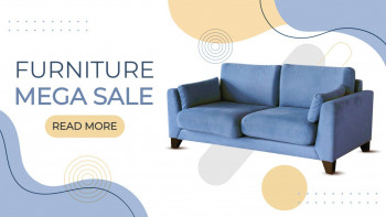 Image of a blue sofa with text 'Furniture Mega Sale'