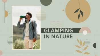 A man drinking from a water bottle while glamping in a natural setting.