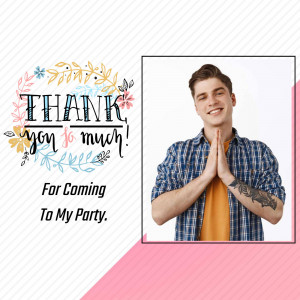 Young man with hands clasped in prayer gesture, with a floral 'Thank You' graphic.