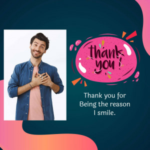 Man expressing gratitude with a 'Thank You' graphic.