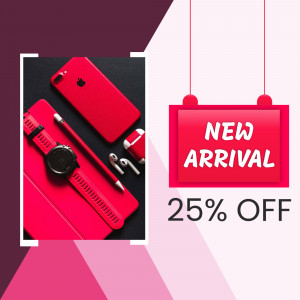 Red tech accessories including smartphone, smartwatch, earbuds, and pencil with a 'New Arrival' sale banner.