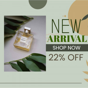 Chanel perfume bottle with a promotional offer for new arrivals and a 22% discount.