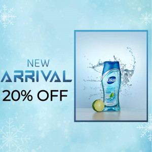 Dial body wash bottle with lime and splash, advertising a 20% off new arrival promotion.