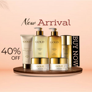 Gold skincare products on display with a 40% off promotion.