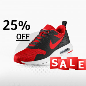 Red and black Nike Air Max shoes on sale with a 25% discount.