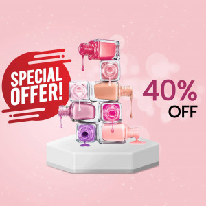 Stack of nail polish bottles with a special offer banner.