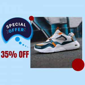 White and blue sneakers with a special offer promotion