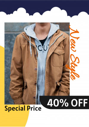 Man wearing a brown jacket with a 40% off sale promotion.