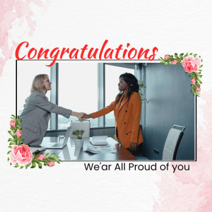 Two women shaking hands in an office setting with floral decorations and congratulatory text.